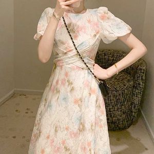Vintage Dres Rękaw Puff O-Neck Francuski Styl Moda Kobiet ubrania Eleganckie Koronki Koreańskie Lato 210604