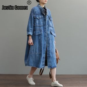 Cheap Oversize Casual Cowboy Trench Coat for Women Loose Outwear Long Denim Jean Coat Single-breasted Pocket Female Clothes 201103