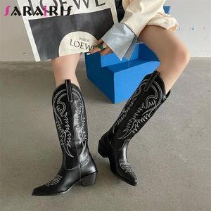 Stivali SaraIris Brand Ladies Slip On Solid Mid Calf Chunky Heel Platform Scarpe da donna Roma Cowboy Cowgirl Riding