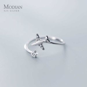 Открытое регулируемое простое кольцо для женщин мода 925 стерлингового серебра 925 сияющий циркон милый звездный самолет изысканные украшения 210707