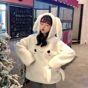 Lösa kanin öra hoodies för kvinnor varm långärmad söt kawaii kaninväska huva kvinnlig höst vinter söt sweatshirt 211109