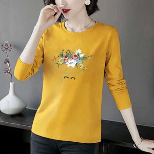 Pamuk T-shirt Kadın Rahat O Boyun Uzun Kollu T Gömlek Kadın Çiçek Mektup Baskı Tops Moda Artı Boyutu Bahar Yaz Tee 210526