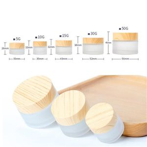 Frosted Glass Jar Skin Care Eye Cream Bottle Refillable Jars Cosmetic Container Pot With Plastic Wood Grain Lids 5G 10G 15G 20G 30G 50G