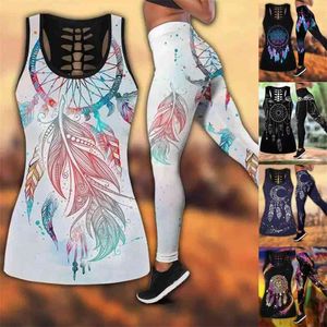 Tayt Kadınlar 2 Parça Yoga Seti Boho Tank Tops ve Legging Suit Sportwear Koşu Fitness Spor Egzersiz Setleri Spor Suits Artı Boyutu 210813