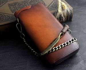 Long Wallet Tan Vintage Leather Biker Rocker Purse Clutch With Metal Chain