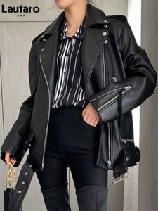 Lautaro Autumn Womens Leather Motorcycle Biker Jacket Zipper Long Sleeve Loose Red Black Soft Faux Leather Jacket for Women 210909