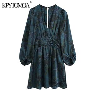 KPytomoa mulheres chique moda com cintura drapeada impressão mini vestido vintage v vintage manga comprida vestidos femininos vestidos mujer 210306