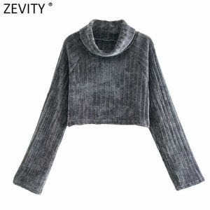 Zevity Women Fashion Turtleneck Collar Stickning Kort Smock Blus Kvinna Chic Långärmad Casual Tröja Dam Toppar LS7590 210603