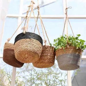 Grass Hanging Basket Flower Rattan Pot Bamboo Planters Pots 210615