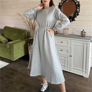 ColorFaith Thicken High Elastic midja fickor Lady Korean Fashion Vintage Warm Women Spring Winter Long Dresses DR1248 220210