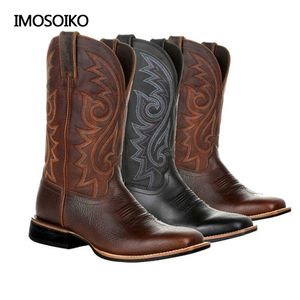 IMOSOIKO Quality Tall Embroidered Retro Sleeve Men's And Women's Wide-Headed Western Cowboy Boots Size 38-48 211102