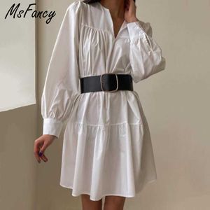 Msfancy Summer White Mini Dress女性Boho Vネックランタンスリーブプラスサイズvestido de Mujer Aラインルーズローブ210604