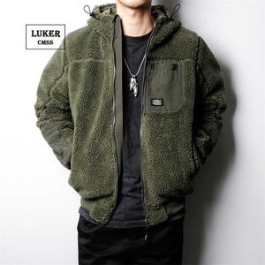 LUKER CMSS Men Winter Jacket Coat Hooded Warm Cotton Padded Thick Polar Fleece Parka Male Fashion Embroidery Army Green Outwear 211204