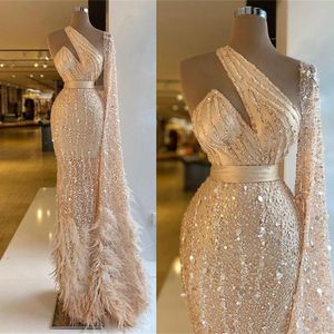 Sparkly Sexy Mermaid Prom Dresses Ostrich Feather One Shoulder Beading Sequined Long Sleeve Pageant Evening Gown 2022 Elegant Vestido De Gala