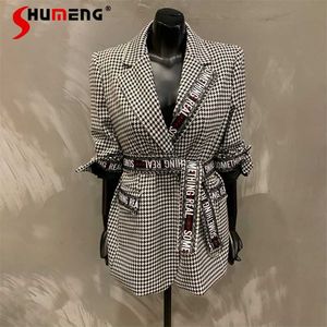 Autumn and Winter Lace-up Houndstooth Woolen Blazer Women's Loose Grid Retro Small Suit Wool Coat Ladies 211019