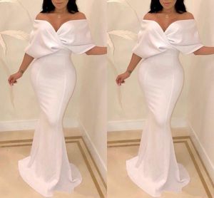 2021 Simple Satin Evening Dresses Mermaid Off the Shoulder Ruched Gleaths Half ärmar Anpassade Made Plus Size Prom Party Gown Vestido 403 403