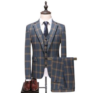 New trend large size plaid suit three-piece suit, men's business casual professional suit, groom wedding dress stage costume 5XL X0909