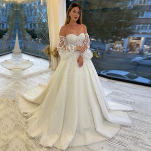 Strapless A Line Lace Wedding Dresses with Puffy Long Sleeves Appliqued Court Train Lace-up Back Plus Size Bridal Gowns