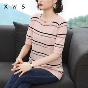 fashion Women Pullover Sweater summer short Sleeve Pullovers casual Decorate Striped Knitted Sweaters Female Tops 210604