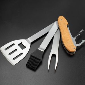 Multifunction Stainless Steel BBQ Tools Set Barbecue Shovel Oil Brush Fork Bottle Opener Compact Portable Splittable Durable Grill Outdoor Collapsible