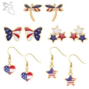 Zs 1 Pair the American Flag Pattern Stud Earring Butterfly Heart Star Shape Hook Ear Studs Ear Helix Cartilage Piercing Earrings Q0709