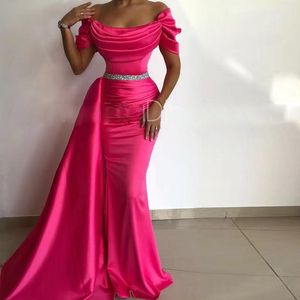 Fushia Off The Shoulder Mermaid Bridesmaid Dresses With Detachable Train Formal Dress Ruched Overskirt Long Maid Of Honor Gown 326 326