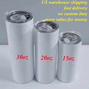 US shipping!!sublimation blank skinny straight tumbler 15oz 20oz 30oz with metal straw rubber bottom shrink warps sublimation heat tape white BPA free tumblers