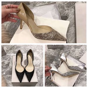 2021 6cm 8cm 10cm sandals High heels Sequined crystal bridal shoes pointy French Sandal Silver gold black thin stilettos rhinestone women Wedding shoe