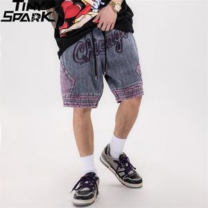 Hip Hop Cargo Shorts Streetwear Embroidery Striped Denim Shorts Harajuku Jogger Shorts Summer Men Denim Short Pocket Cotton 210720