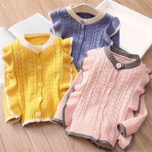 Autumn Spring 2 3 4 6 8 10 Years Child Baby All Match Cotton Knitted Ruffle Jacket For Little Girl Cardigan Sweaters Kids 210625