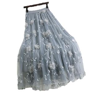 Kjolar elegant elastisk midja tunnare mittlängd broderi blomma mesh kjol vårens höstkvinnor hög 184A
