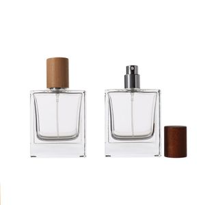 Empty Glass Bottle Perfume Refillable 50ml Empty Crimpless Pump Wood Lid Cosmetic Packaging Flat Squaer Clear Thick Bottom Spray Bottles