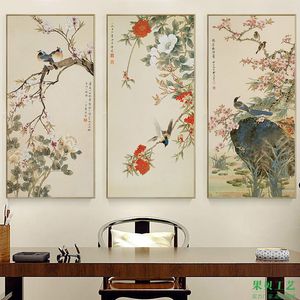 Flores de estilo chinês e pássaro pintura pássaro cantando na blossom de ameixa arte de beleza artística Pôsteres para decoração de casa 210310