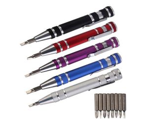 Bärbar 8 i 1 Skruvmejsel Pen Set Aluminium Electronics DIY Reparationsverktyg Satser Bit Precision Mini slitsar skruvdrivrutinverktyg