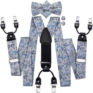 Hi-tie 100% seda adulto mens e conjunto clássico casamento festa azul prata floral bowtie chaves suspender homens