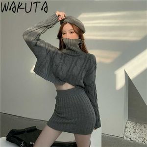 Wakuta outono inverno elegante outfit highneck colhido suéter pullover e cintura elástica mini saia slim muro de malha 2 pedaço conjunto 211101