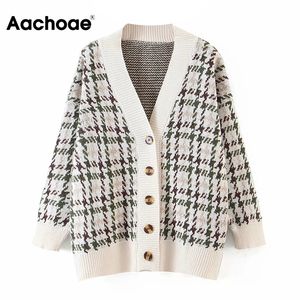 Aachoae النساء houndstooth سترة batwing طويلة الأكمام فضفاضة عارضة السيدات محبوك البلوز القمم الخامس الرقبة سترة سترة الإناث 210218