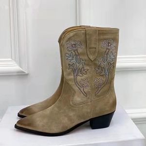 Ricama Stivali da cowboy occidentali Donna Punta a punta Pelle scamosciata di mucca Scarpe corte Donna Tacchi quadrati Stivale da cavaliere Donna Botas De Mujer