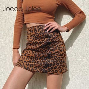 Jocoo Jolee Sexy High Waist Leopard Skirt Women Winter Spring Vintage Suede Zipper a Line Skirt Casual Mini Short Wrap Skirt 210619