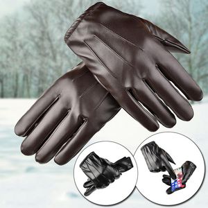 Five Fingers Gloves Winter PU Leather Cashmere Hand Women Men Warm Driving Mittens Touch Screen Waterproof Full Finger Ski