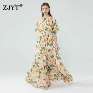 Sether Style Moda Długie Maxi Sukienka Runway Kobiety Wysokiej Jakości Kwiatowy Drukuj Szyfonowa Robe Femme Holiday Córki Vestidos 210601