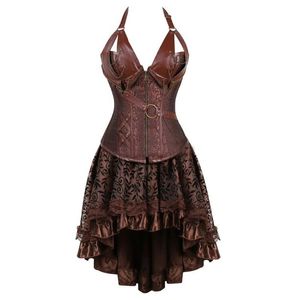 Bustiers Korsetts Gothic Steampunk Korsett Kleid Vintage Piratenkostüm PU Leder Victoriano Tops für Frauen Asymmetrischer floraler Spitzenrock