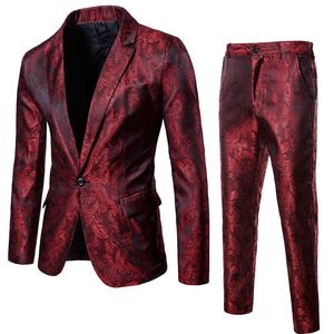 Autumn Luxury Glossy Dark Pattern Blazer Suit For Men Coats And Pants Back Split Fit Single Button Wedding Club Male Clothing X0909