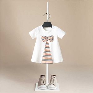New Fashion Toddler Baby Girls Dress Cartoon Sommar Striped Kortärmad Stripe Dress Sundress Kids Dresses For Girls Q0716