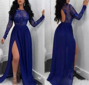 Blue Long Royal ärmar Prom Dresses Sexig backless Chiffon -paljetter Applique Side Slit Jewel Neck Custom Made Evening Party Gown Vestidos