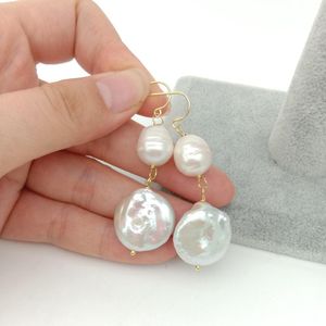 YYGEM natural White Coin freshwater pearls Earrings dangle wedding for women