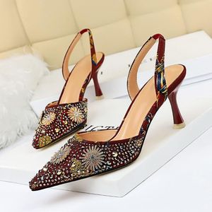 7cm High Heels Sandals Women Summer Lady Fetish Luxury Heels Crystal Glitter Pumps Rivet Studded Valentine Slingback Shoes