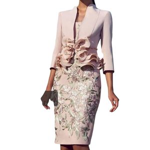 Pale Pink Mother Of the Bride Dresses with 3 4 Long Sleeve Lace Ruffles Knee-length Women Formal Party Wedding Guest Dress246l