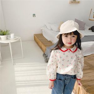 Shirts Cute Girls Cherry Printed Doll Collar Baby Girl Cotton Colour Blocking Long Sleeve Clothes