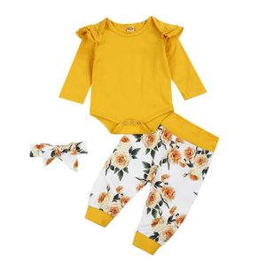 Kleidungssets für 0–24 Monate geborene Babys, Jungen, Mädchen, langärmelig, Baumwolle, Body, Tops, Blumen, Hose, Hosen, Stirnband, 3-teiliges Set